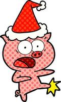 comic book style illustration of a pig shouting and kicking wearing santa hat vector
