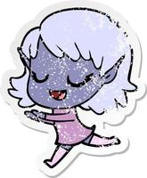 distressed sticker of a happy cartoon elf girl running vector