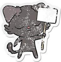 distressed sticker of a cute cartoon dog with placard vector