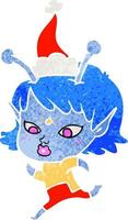 pretty retro cartoon of a alien girl running wearing santa hat vector