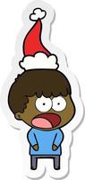 sticker cartoon of a shocked man wearing santa hat vector