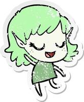 distressed sticker of a happy cartoon elf girl vector