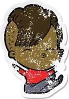 distressed sticker of a cartoon squinting girl vector