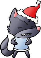 gradient cartoon of a wolf showing teeth wearing santa hat vector