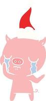 flat color illustration of a pig crying wearing santa hat vector