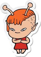 sticker of a cute cartoon alien girl vector