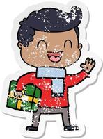 distressed sticker of a cartoon laughing man holding gift vector