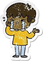 distressed sticker of a cartoon boy crying vector