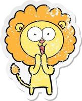 distressed sticker of a happy cartoon lion vector