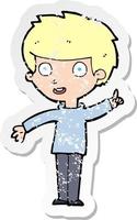 retro distressed sticker of a cartoon boy with idea vector