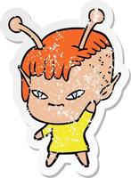distressed sticker of a cute cartoon alien girl vector