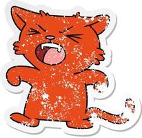 distressed sticker cartoon doodle of a screeching cat vector