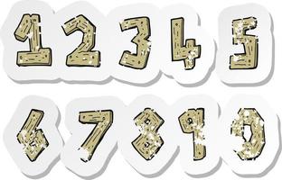 retro distressed sticker of a cartoon wooden numbers vector