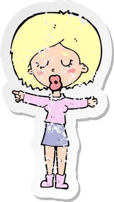 retro distressed sticker of a cartoon pointing woman