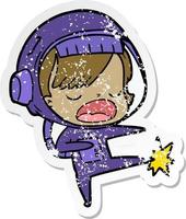 distressed sticker of a cartoon astronaut woman kicking vector