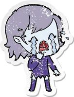 distressed sticker of a cartoon crying vampire girl vector