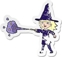 retro distressed sticker of a cartoon witch girl casting spell vector