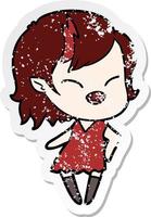 distressed sticker of a cartoon laughing vampire girl vector