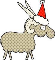 comic book style illustration of a goat wearing santa hat vector