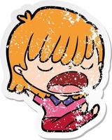 distressed sticker of a cartoon woman talking loudly vector