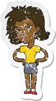 retro distressed sticker of a cartoon woman with hands on hips vector