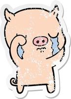 distressed sticker of a cartoon pig crying vector