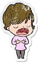 distressed sticker of a cartoon woman talking vector