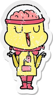 distressed sticker of a happy cartoon robot shrugging shoulders