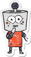 distressed sticker of a happy cartoon robot giggling vector