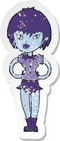 retro distressed sticker of a cartoon pretty vampire girl vector