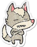 distressed sticker of a cartoon wolf showing teeth vector