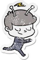 distressed sticker of a friendly cartoon spaceman running vector