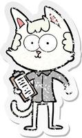 distressed sticker of a happy cartoon salesman cat vector