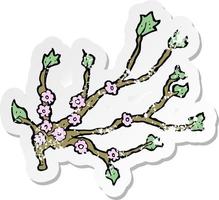 pegatina retro angustiada de una rama floreciente de dibujos animados vector