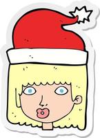 sticker of a cartoon woman wearing santa hat vector