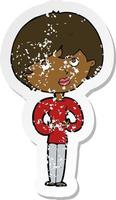 retro distressed sticker of a cartoon woman making Who Me gesture vector