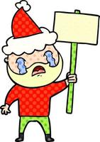 comic book style illustration of a bearded protester crying wearing santa hat vector