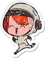 distressed sticker of a happy cartoon space girl vector