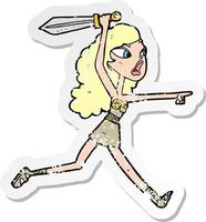 retro distressed sticker of a cartoon viking girl with sword vector