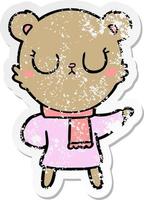 distressed sticker of a peaceful cartoon bear wearing scarf vector