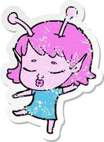 distressed sticker of a cute alien girl cartoon vector