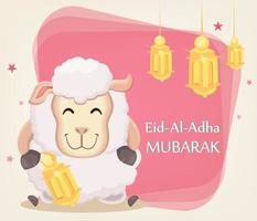 fiesta del sacrificio eid al-adha. fiesta tradicional de muselina. tarjeta de felicitación con ovejas graciosas sosteniendo linterna dorada. vector