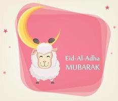 Festival of sacrifice Eid al-Adha. Traditional muslin holiday. Greeting card with funny sheep hanging on the moon. vector