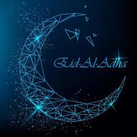 Eid Al Adha traditional Muslim holiday. Beautiful greeting card with polygonal moon with glitter on blue background. vector