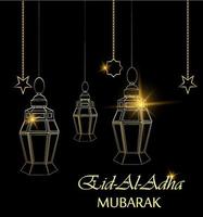 Eid Al Adha beautiful greeting card with hanging lanterns, moon and stars on black background. vector