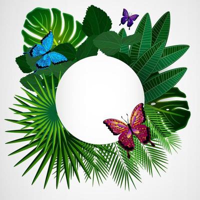 Tropical leaves with butterflies. Floral design background.