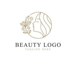 Beauty logo with woman head inside circle and leaf floral flower design Vector