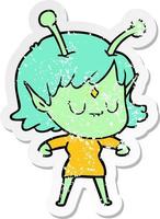 distressed sticker of a cartoon alien girl vector