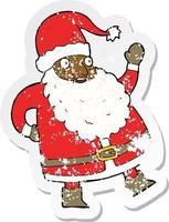 retro distressed sticker of a funny waving santa claus cartoon vector