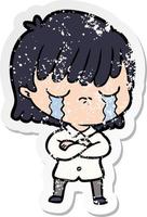 distressed sticker of a cartoon woman crying vector